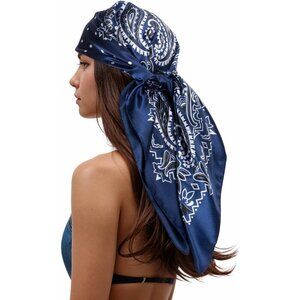 Women's White/Black Head Scarf Like Silk Printed Square Hair Bandanas 35 Inches